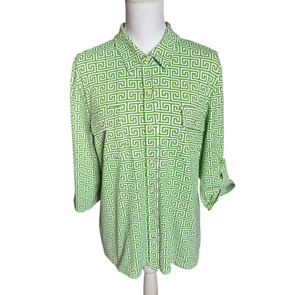 J.McLaughlin Monroe Button Up Shirt Green White Greek Key Geometric XL